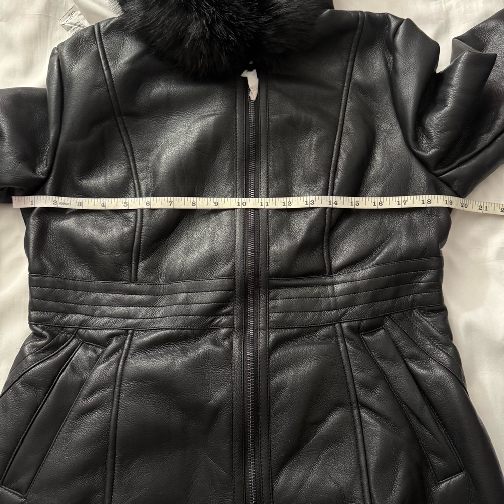 Black PU leather long jacket with sherpa lining removable faux fur on hoodie - Picture 10 of 14